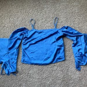 Marciano Blue Silk Off-the-shoulder Top with tied Bell Sleeves (Size S)